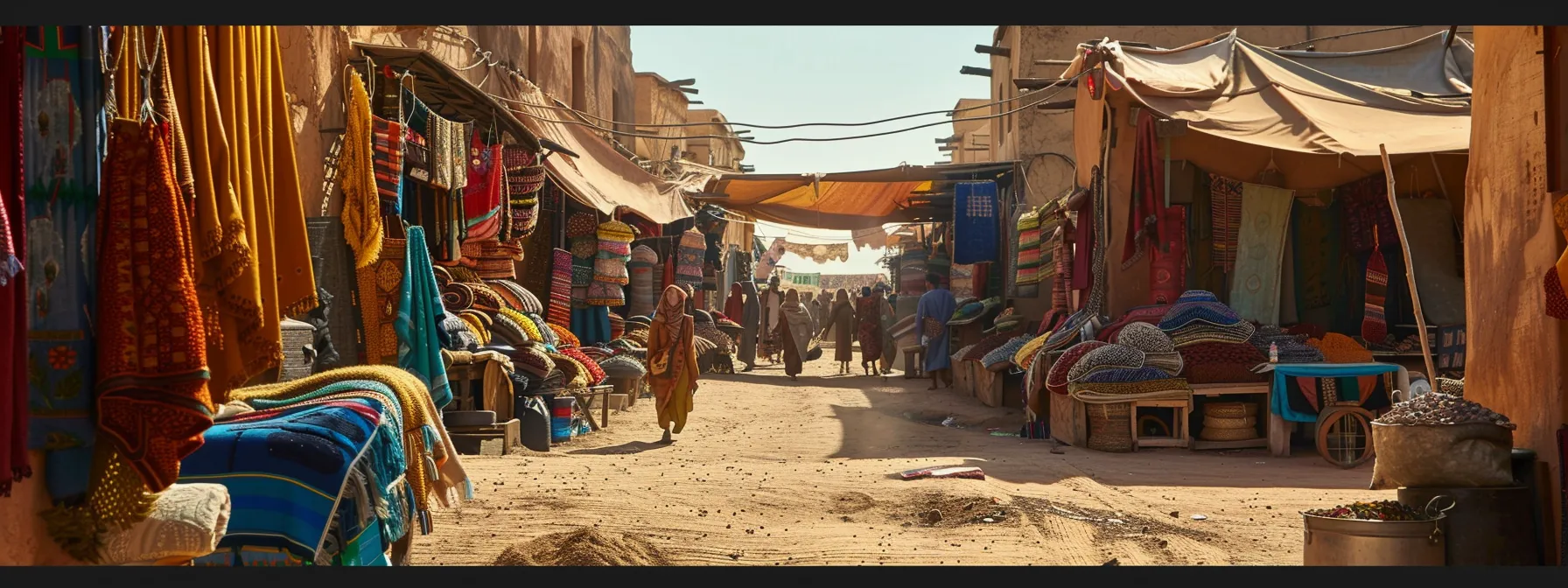 vibrant market stalls line the dusty streets of a moroccan village, showcasing colorful textiles and spices under the warm desert sun.