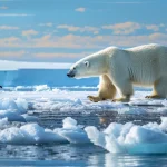 a breathtaking polar landscape captures a majestic polar bear and a group of vibrant penguins interacting playfully on a stark, icy expanse beneath a brilliant, azure sky.
