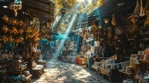 a vibrant marketplace bustling with colorful, handcrafted artifacts and diverse cultural displays, illuminated by warm golden sunlight spilling through leafy canopies above.