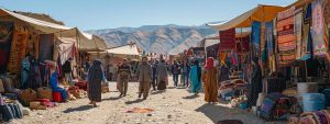 a vibrant marketplace in central asia bursts with color and life, showcasing traditional textiles and handicrafts surrounded by warmly dressed locals engaging in lively conversations under a clear blue sky.
