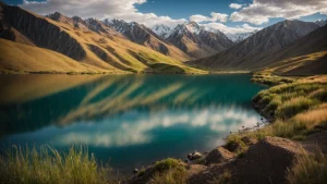 a stunning panoramic view of a rugged central asian landscape, featuring vibrant green valleys, majestic snow-capped mountains, and a tranquil, crystal-clear lake reflecting the bright blue sky, bathed in warm golden sunlight.