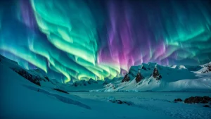 a breathtaking icy landscape features towering glaciers under a vivid aurora borealis, inviting adventurers to embark on an unforgettable antarctic journey.