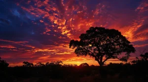 a breathtaking panorama of a vibrant sunset over a lush jungle, with a diverse array of wildlife silhouetted against the fiery sky, capturing the essence of adventure and the beauty of nature in a remote safari experience.