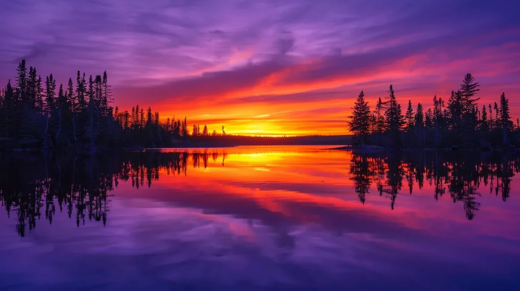 a breathtaking sunset casts vibrant hues of orange and purple over a tranquil lake, with silhouettes of towering pine trees reflecting softly on the water's surface.