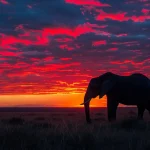 a breathtaking sunset illuminates a vast african savannah, where a majestic elephant stands silhouetted against the vibrant sky, capturing the essence of unforgettable wildlife encounters on a remote safari.