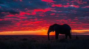a breathtaking sunset illuminates a vast african savannah, where a majestic elephant stands silhouetted against the vibrant sky, capturing the essence of unforgettable wildlife encounters on a remote safari.