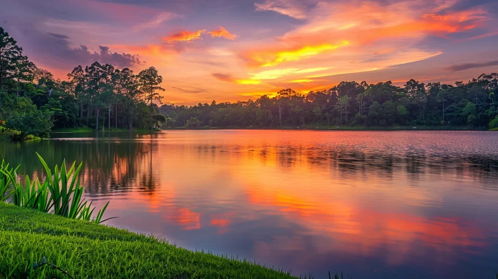 a vibrant sunset over a serene lake reflects brilliant hues of orange and pink, casting a tranquil glow across the still water and surrounding lush, green trees.