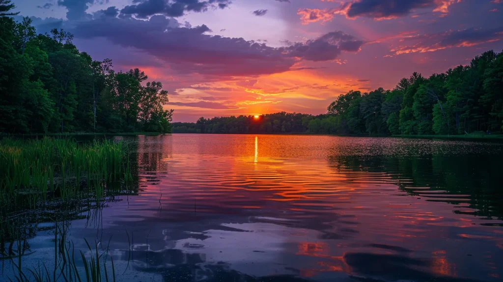 a vibrant sunset paints the sky in hues of orange and purple over a serene lake, reflecting the colorful clouds and surrounded by lush green trees, evoking a sense of peace and tranquility.