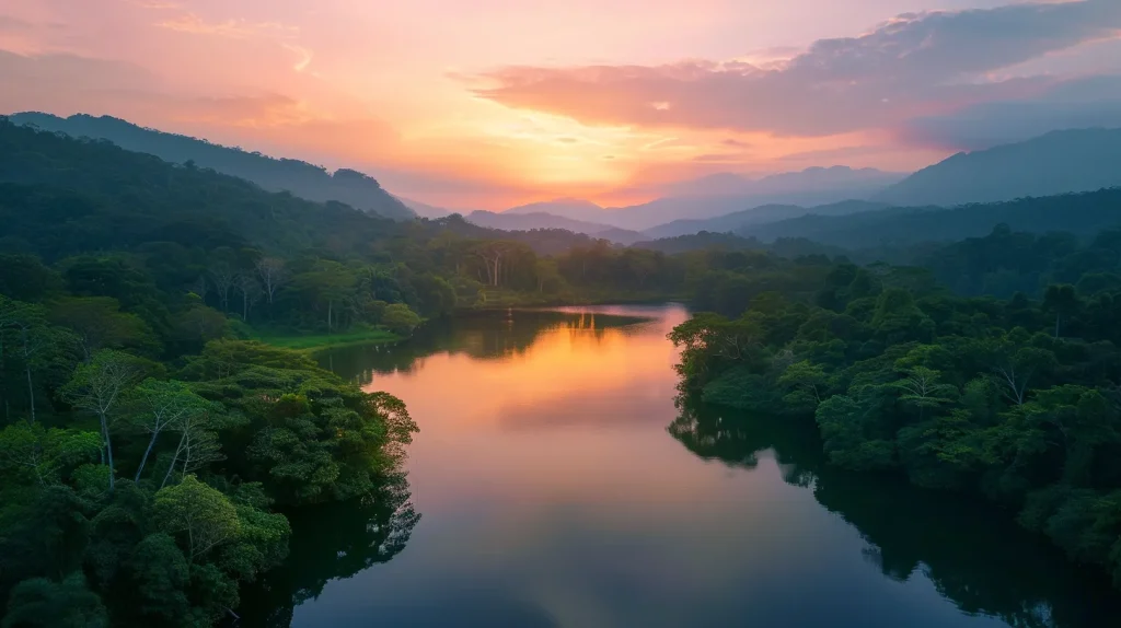 a vibrant sunset paints the sky in hues of orange and pink, reflecting off a serene lake surrounded by lush greenery, creating a breathtaking atmosphere of tranquility.