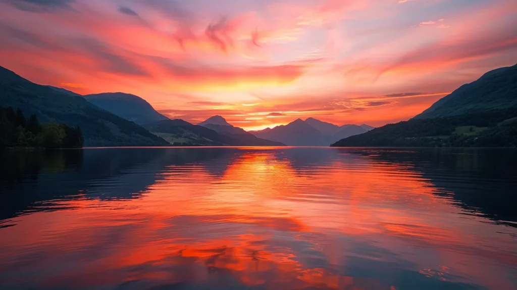 a vibrant sunset sky painted in hues of orange and pink casts a warm glow over a tranquil lake, where the mirror-like water reflects the silhouette of majestic mountains blooming with lush greenery.