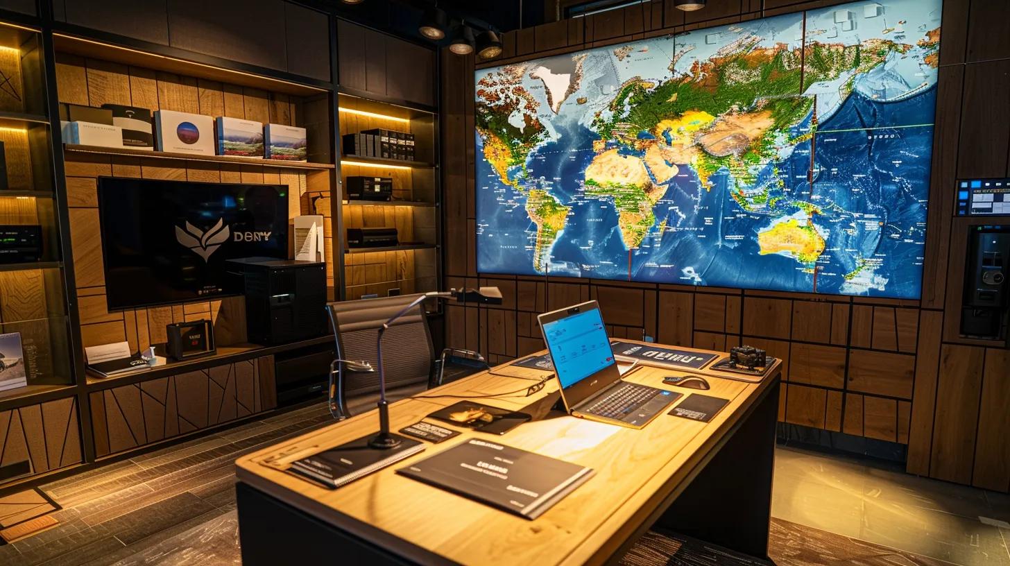 Luxury travel planning office with maps and laptop
