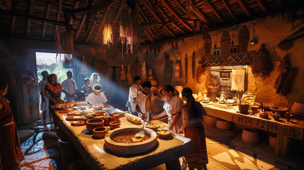 a dynamic indoor experience showcases a group of adventurers enthusiastically engaging in a culturally immersive cooking class, surrounded by vibrant local artifacts and a professional chef guiding them through the rich culinary traditions of the region.