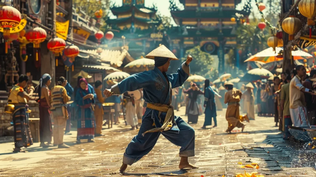a dynamic scene captures a vibrant cultural festival in an urban setting, where adventure travelers engage with indigenous performers, showcasing traditional martial arts against a backdrop of colorful village stalls and cultural artifacts, embodying the spirit of immersive expedition travel.