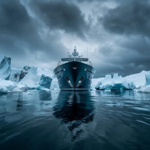 a sleek, modern expedition boat navigates through icy blue waters, surrounded by majestic icebergs under a dramatic, overcast sky, encapsulating the adventurous spirit of quark expeditions.