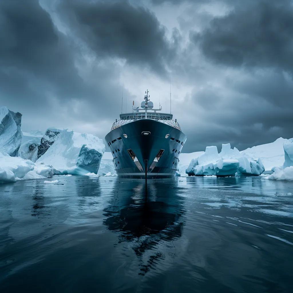 a sleek, modern expedition boat navigates through icy blue waters, surrounded by majestic icebergs under a dramatic, overcast sky, encapsulating the adventurous spirit of quark expeditions.