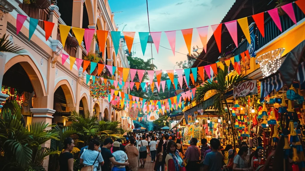 a vibrant local festival scene unfolds in a bustling urban square, with colorful decorations and lively participants showcasing traditional crafts, while groups of travelers engage with local guides, fostering a spirit of adventure and cultural immersion.
