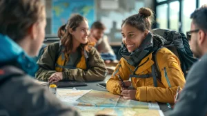 a vibrant office setting showcases a team of diverse adventure enthusiasts engaged in an animated discussion, surrounded by maps and travel gear, reflecting the excitement and planning behind choosing expedition travel for their next adventure.