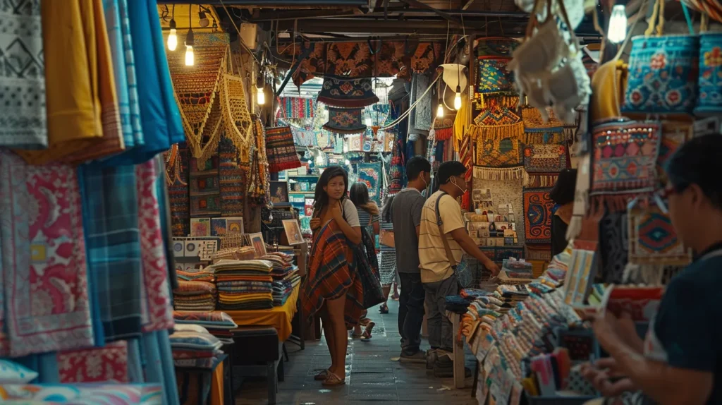 a vibrant urban marketplace bustling with locals exchanging goods and culture, adorned with colorful textiles and traditional handicrafts, capturing the essence of immersive adventure travel experiences.