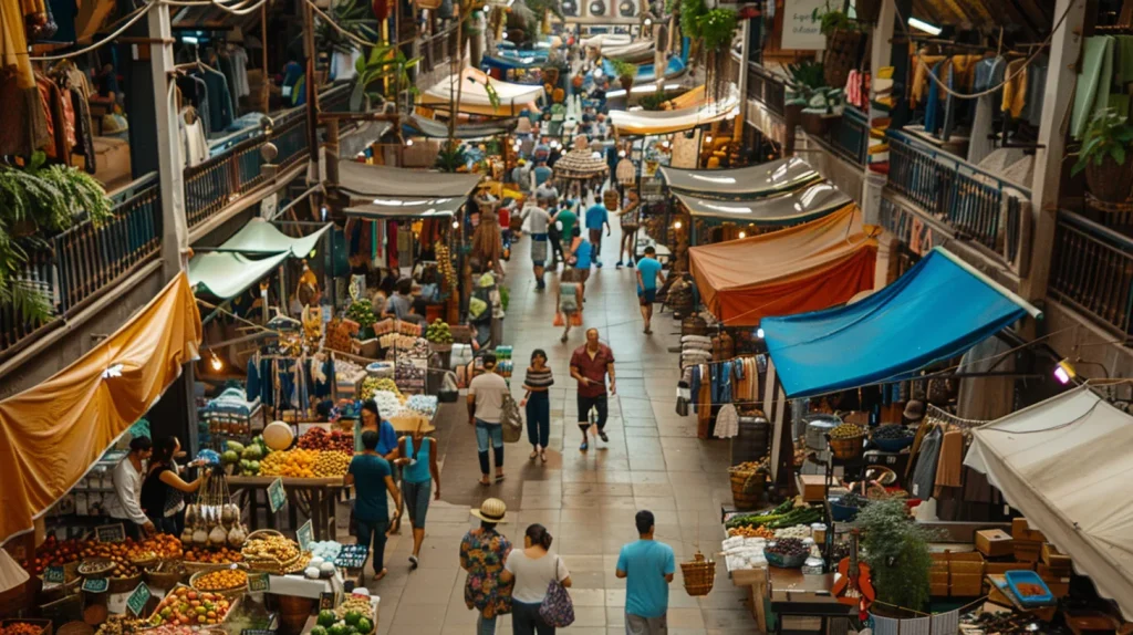 a vibrant urban marketplace bustling with travelers and local artisans, showcasing cultural exchanges and sustainable tourism practices while respecting traditions and promoting community engagement.