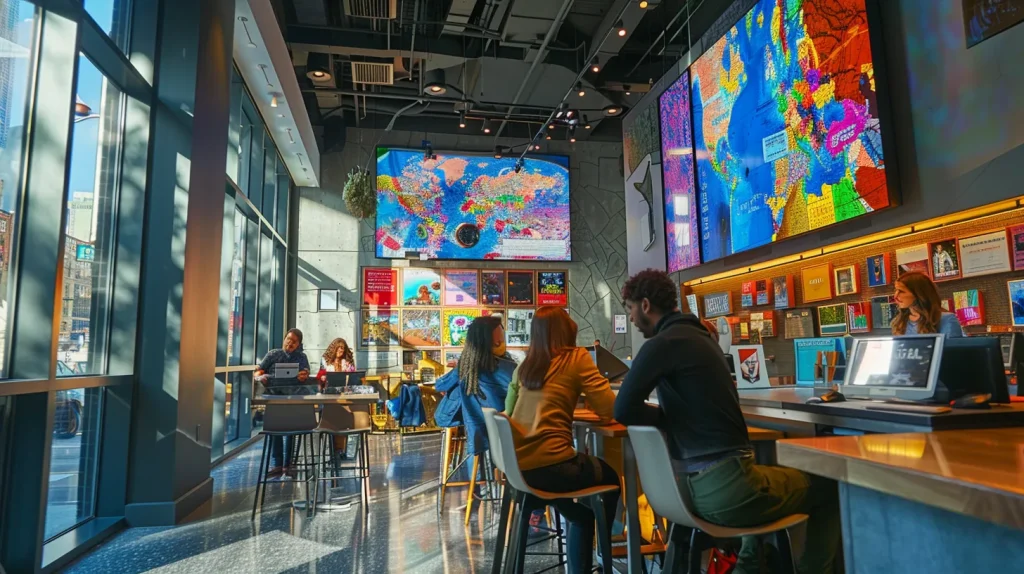 a vibrant urban travel agency interior showcases a diverse group of thrill-seeking adventurers engaged in an energetic discussion about cultural immersion trips, surrounded by colorful maps, travel gear, and inspiring destination visuals.