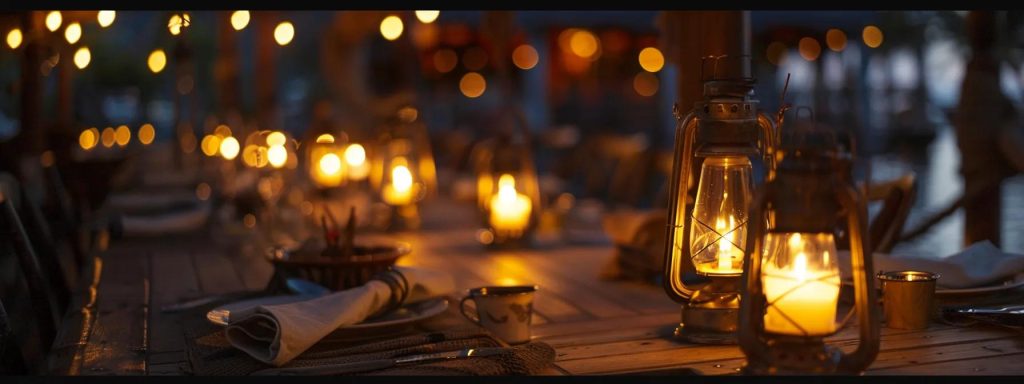 a cozy shipboard dining setting warmly invites travelers to engage in heartfelt conversations, with an elegant table laid out amidst softly glowing lanterns and the gentle hum of camaraderie among fellow adventurers in the intimate atmosphere.