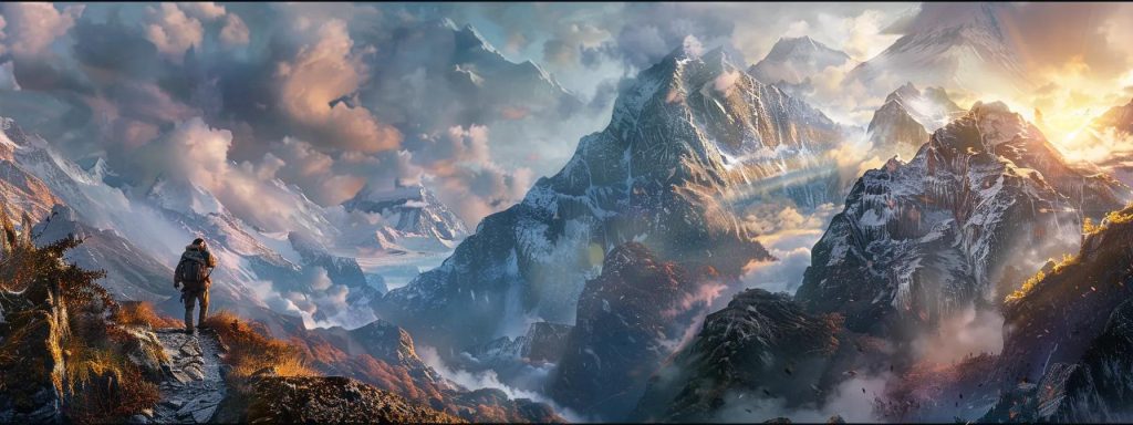 a lone adventurer navigates a rugged mountain pass, surrounded by dramatic, snow-capped peaks and a narrow trail, as soft sunlight breaks through the clouds, capturing the essence of spontaneous exploration in a breathtaking landscape.