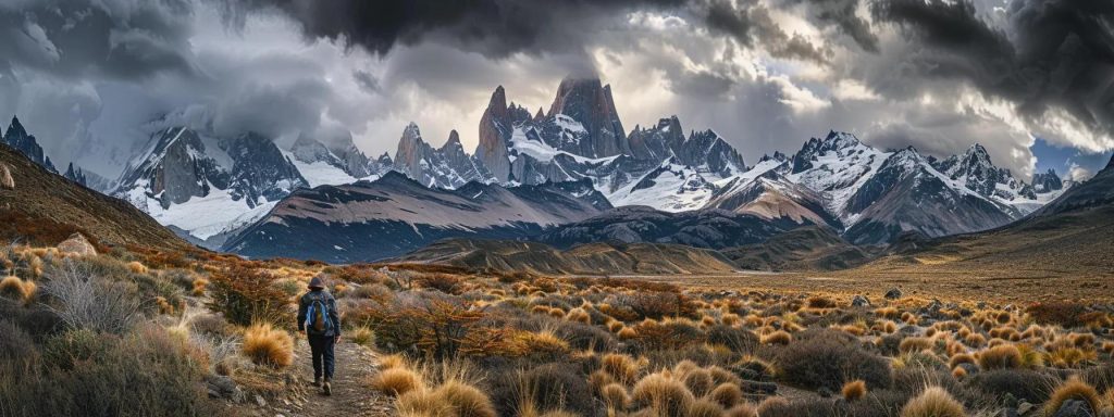 a lone adventurer navigates a narrow trail through a rugged mountain pass, with dramatic, snow-capped peaks looming under a moody, cloudy sky, capturing the spirit of personalized exploration and adventure in travel.