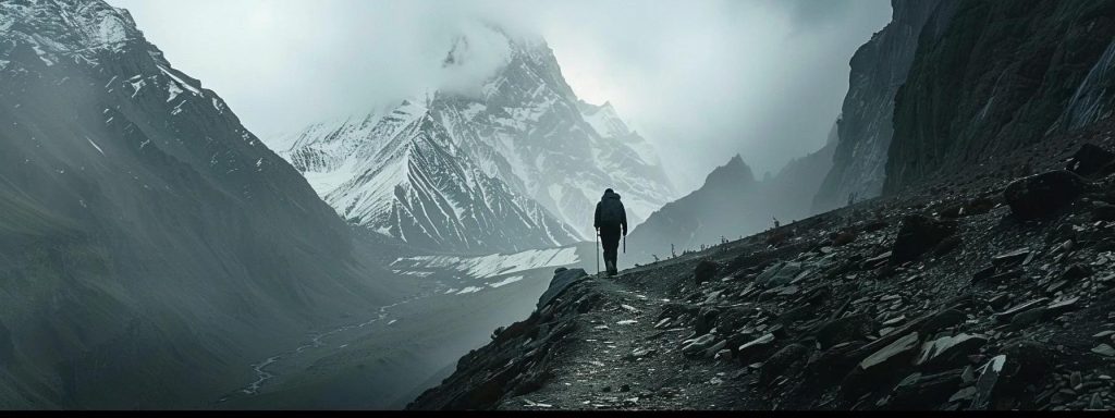a lone adventurer treks along a narrow mountain trail, flanked by rugged, snow-capped peaks, as soft, diffused sunlight breaks through the clouds, illuminating the dramatic cliffs and evoking a sense of authentic exploration and immersive journey.