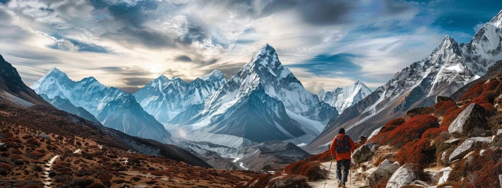 a lone adventurer treks through a rugged mountain pass, flanked by towering, snow-capped peaks, with a narrow winding trail and a dramatic, cloudy sky illuminated by soft beams of diffused sunlight, evoking a spirit of exploration and the allure of smaller, off-the-beaten-path destinations.