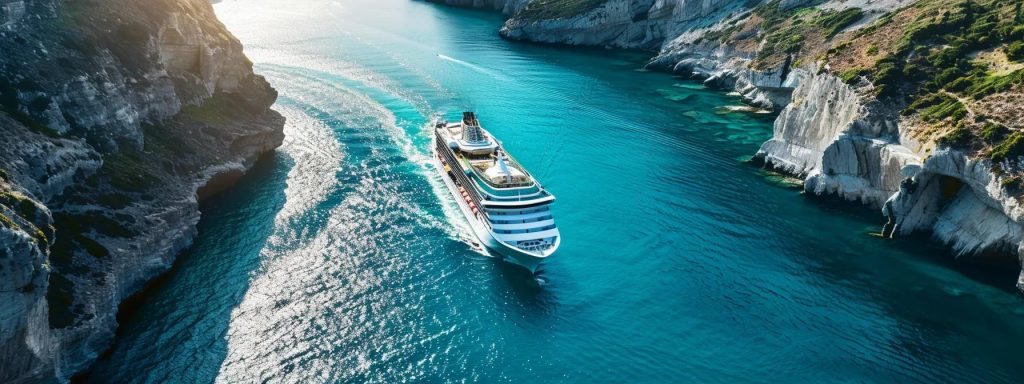 a sleek, modern small cruise ship navigates through a narrow, pristine coastal passage, surrounded by steep cliffs and inviting turquoise waters, capturing the essence of exclusive travel experiences and cultural immersion.