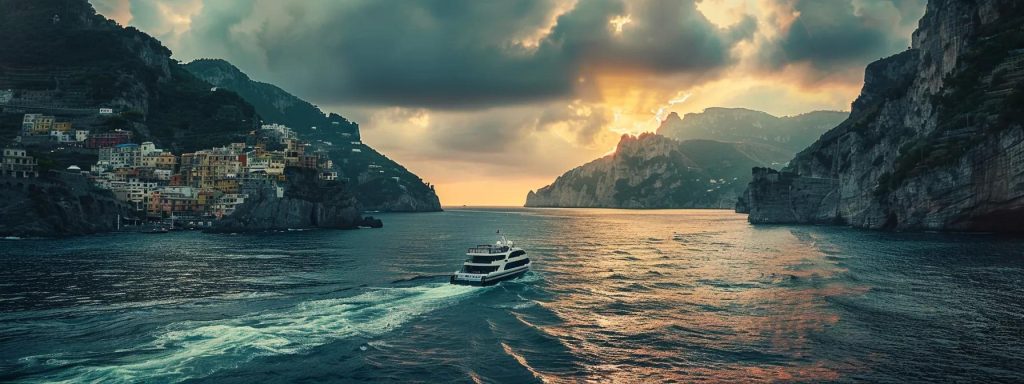 a small, sleek cruise ship navigates through narrow, winding waterways, flanked by rugged cliffs and hidden coastal towns, under a dramatic sky that hints at the exclusive adventures awaiting those who dare to explore off the beaten path.