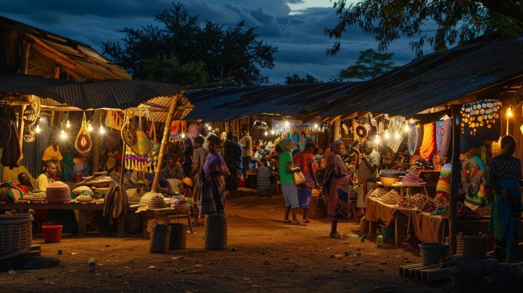 a vibrant artisan market in tanzania, bustling with local craftsmen showcasing intricate handmade sculptures and textiles, illuminated by warm, inviting overhead lights that highlight the rich colors and textures of their work.