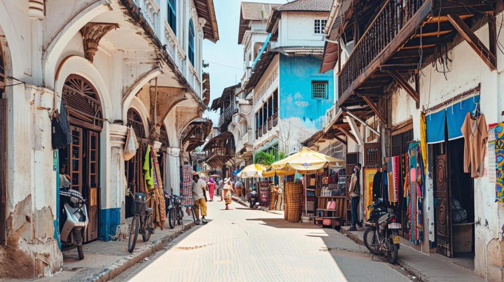 a vibrant, bustling street in stone town, zanzibar, showcasing the intricate architecture of historic buildings and lively local markets, illuminating the rich cultural tapestry of tanzania's iconic heritage sites.