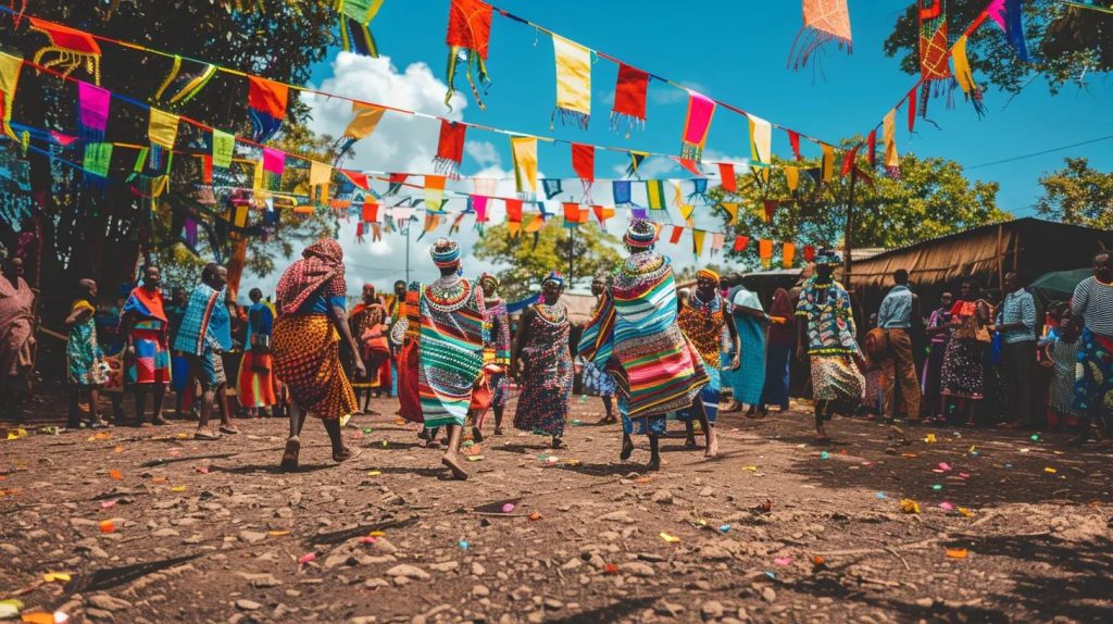 a vibrant scene of a bustling tanzanian festival showcases traditional dancers in colorful attire beneath dazzling banners, surrounded by an enthusiastic crowd immersed in music, food stalls, and the rich tapestry of cultural expressions.