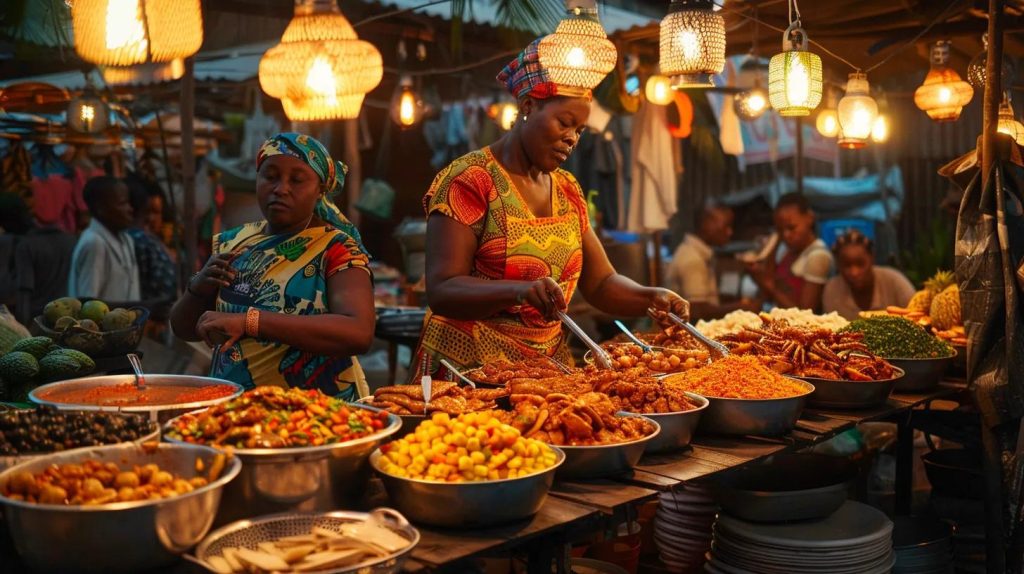 a vibrant street food market in tanzania showcases an array of colorful dishes like ugali and grilled seafood, bustling with locals and aromas of spices, all under the warm glow of overhead lanterns.