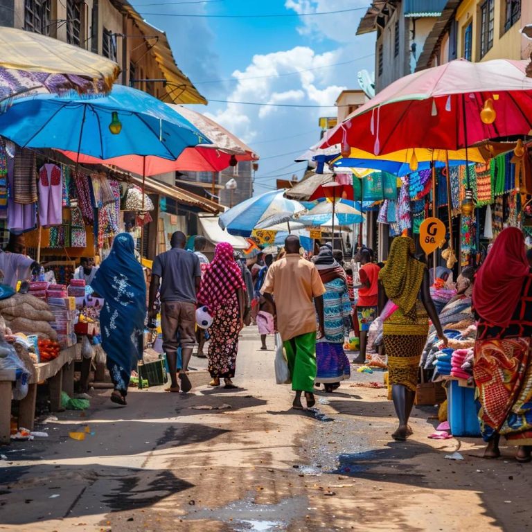 a vibrant urban marketplace in dar es salaam, showcasing colorful stalls filled with traditional tanzanian crafts and local delicacies, bustling with diverse people engaging in lively trade under a bright blue sky.