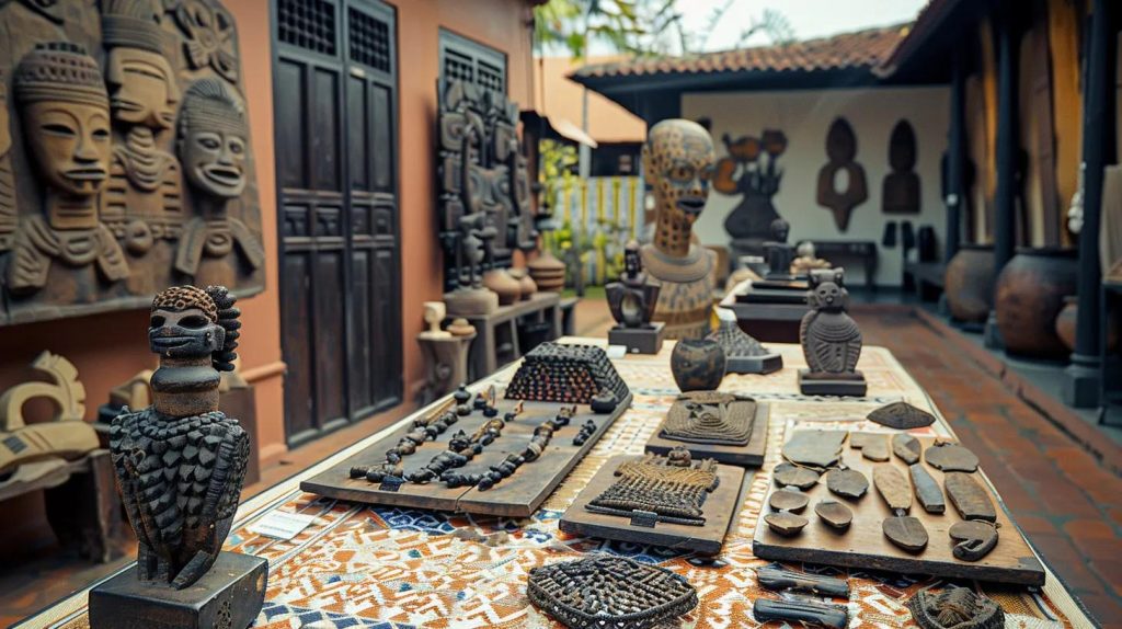 a vibrant urban scene showcasing a historical museum in tanzania, adorned with traditional artifacts and intricate carvings that reflect the rich cultural heritage and colonial history of the nation.