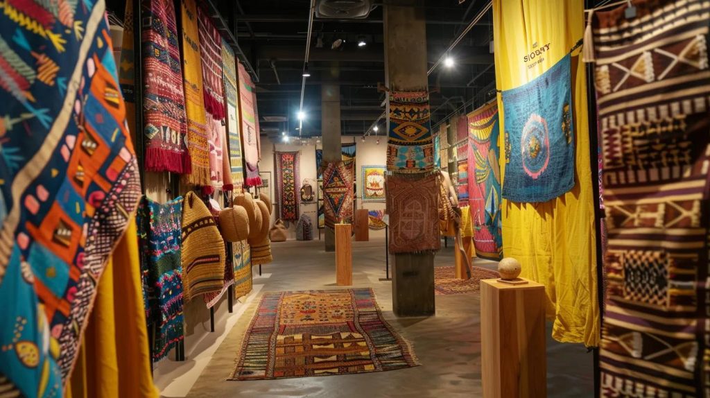 an immersive indoor cultural exhibition showcases vibrant traditional garments and artifacts from tanzania's diverse ethnic groups, with colorful banners and engaging displays highlighting their unique cultural practices in a bustling urban setting.