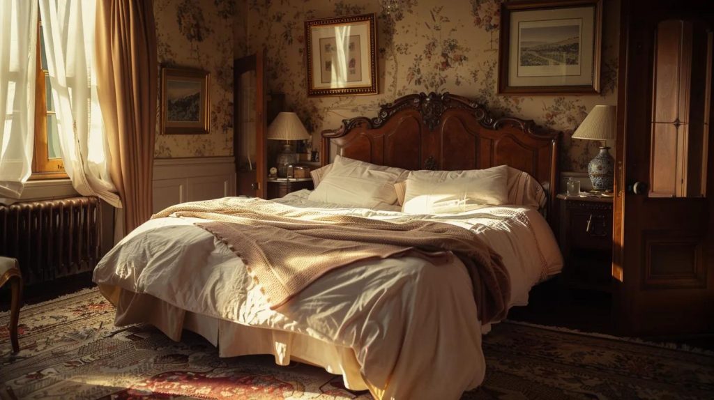 a beautifully appointed bedroom within a restored scottish manor house, showcasing elegant furnishings and local artisanal decor, bathed in warm, inviting light, exemplifying the charm and personalized touch of a stylish bed and breakfast experience.