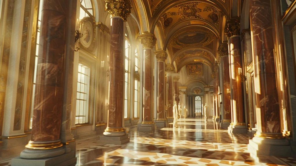 a breathtaking interior of a grand european museum, showcasing iconic art pieces from the renaissance to modernity, with elegant marble columns and soft lighting that highlights the rich textures of the masterpieces displayed on the walls.