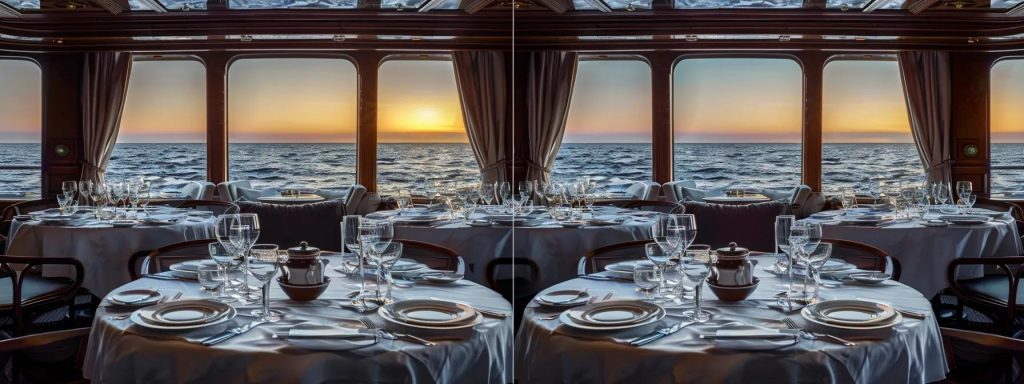 capture an elegant, intimate dining setup aboard a luxurious small ship, featuring beautifully arranged tables with fine china and soft, ambient lighting, set against large panoramic windows showcasing the serene ocean horizon.