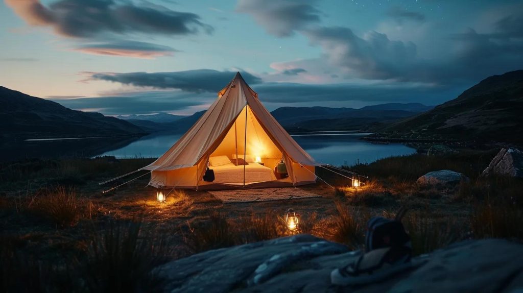 a cozy, elegantly designed glamping tent set against the dramatic backdrop of the scottish highlands, showcasing luxurious furnishings and ambient lighting that invite adventure while overlooking rugged landscapes beneath a star-filled sky.