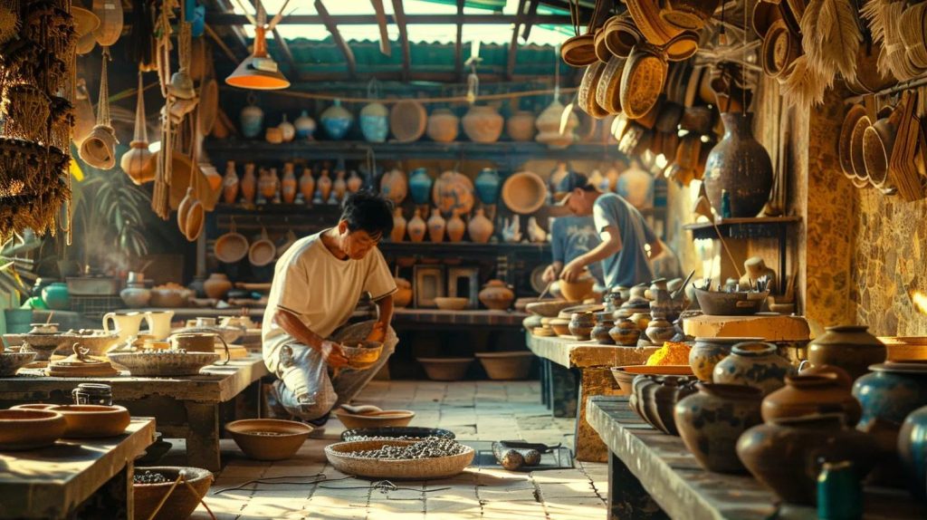a lively indoor workshop setting showcases travelers engaged in crafting traditional pottery alongside local artisans, emphasizing authentic cultural exchange and community connection in a sustainable travel experience.