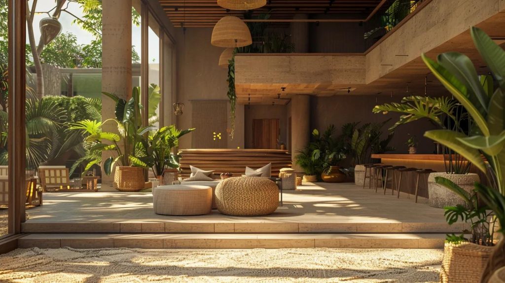 a luxurious, eco-friendly resort lobby features elegant furnishings and sustainable decor, showcasing a visually captivating design that combines modern aesthetics with local artistry, while guests engage in a mindfulness workshop centered around wellness practices.