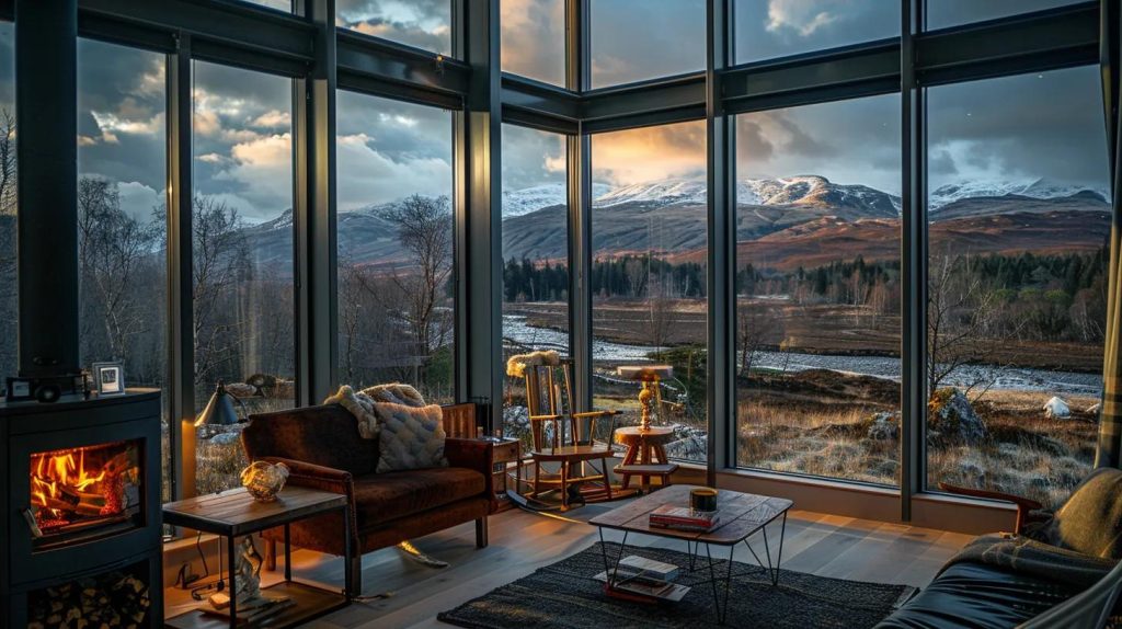 a luxurious, elegantly designed lodge nestled in the rugged scottish highlands, featuring warm, inviting interiors and panoramic windows that showcase a sweeping view of dramatic mountain landscapes, capturing the essence of exclusive, off-the-beaten-track travel.