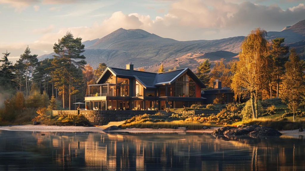 a luxurious lodge nestled among the rugged peaks of the scottish highlands, featuring guests engaging in thrilling outdoor activities like hiking and fishing, while the dramatic landscape serves as a breathtaking backdrop.