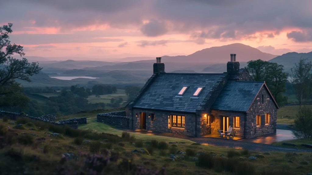 a luxurious scottish cottage with a striking stone exterior stands prominently on a hill, offering panoramic views of the rugged highlands and tranquil lochs, illuminated by the soft glow of sunset.