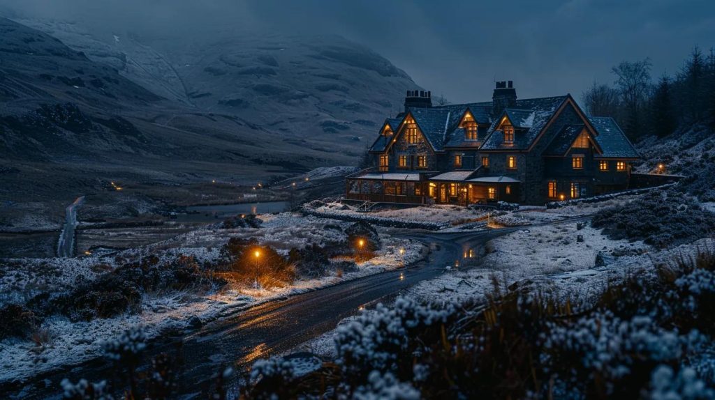 a luxurious, secluded lodge nestled in the rugged, dramatic landscape of the scottish highlands, featuring elegant furnishings and warm, ambient lighting that invites travelers seeking exclusive off-the-beaten-track experiences.