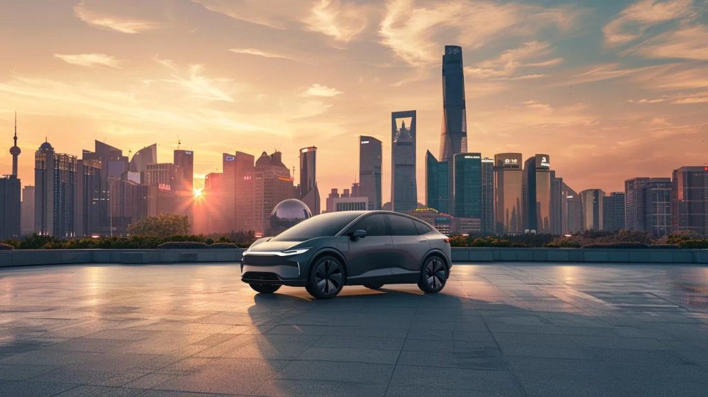 a sleek electric vehicle parked in front of a vibrant cityscape filled with modern architecture, showcasing a busy urban environment where eco-friendly transportation blends seamlessly with sustainable tourism initiatives.