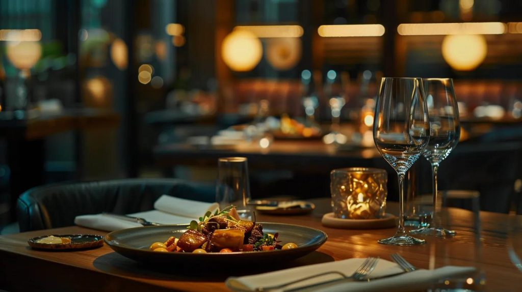 a sophisticated dining scene set in a chic urban restaurant, showcasing a beautifully plated dish of vibrant, locally sourced ingredients, surrounded by rustic wooden tables and elegant decor that reflects a commitment to sustainable culinary practices.